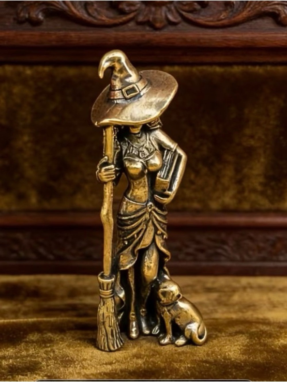 Brass Miniature Witch Figurine with Broom and Cat - Decorative Home Art